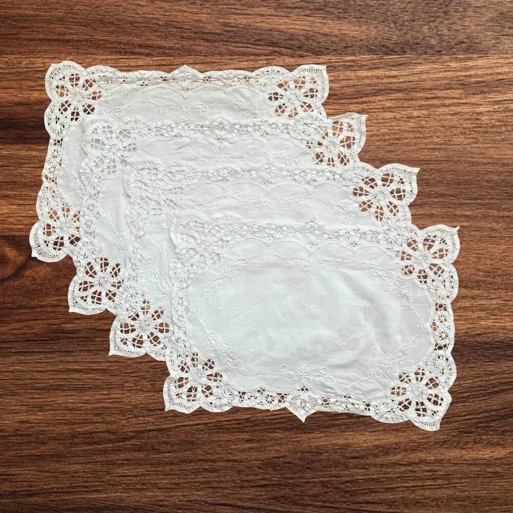 Battenburg Lace Placemats Set 4 White Rectangular Embroidered 18x13 Cottagecore